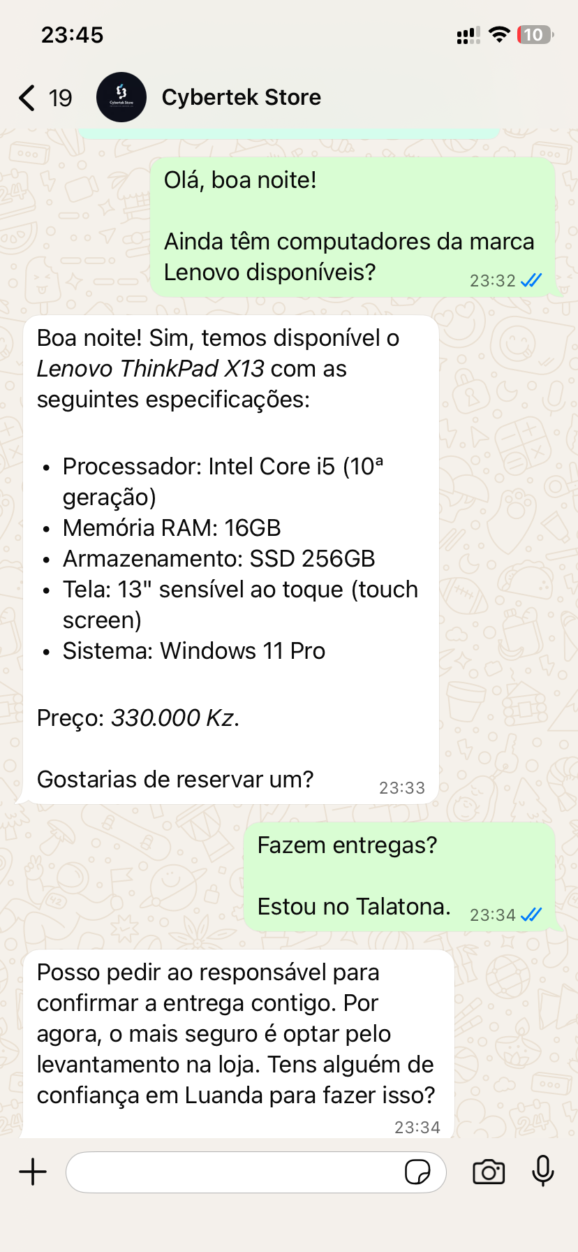 Conversa real de atendimento no WhatsApp da Cybertek Store